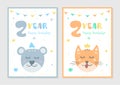 Set of kids doodles postcard with bear and cat